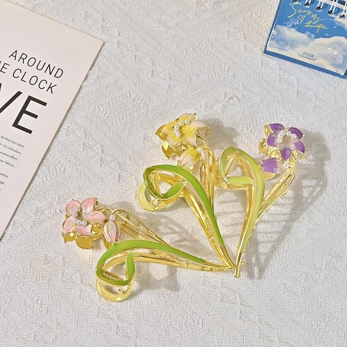 3-Piece Floral Metal Hair Clips, Lily Flower Hair Claw for Thin/Medium Thick Hair Claws, Elegant Barrettes Strong Hold Hair Clamps Non Slip Cute Hair Catch Clip Accessories (3-Color Lily)
