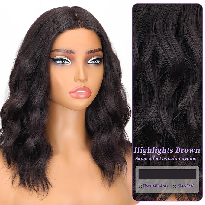AISI HAIR 14 Inch Auburn Wigs for Women - Shoulder Length Wave Wig with Pre-Cut Lace Hairline, Middle Part Natural Wavy Bob Synthetic Heat Resistant Fiber for Daily and Party