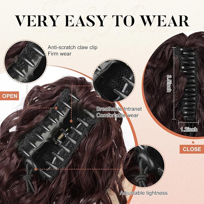 Flufymooz Ponytail Extension, 12" Short Claw Ponytail Extension Wavy Curly Jaw Clip in Pony tails Hair Extension Natural Synthetic Hairpiece for Women (Ombre Burgundy)