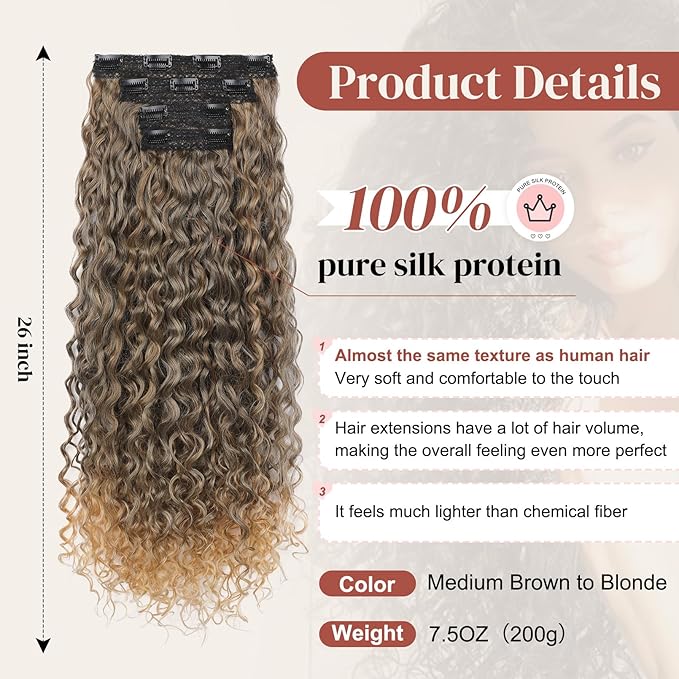 LONAI 4PC Clip in Hair Extensions, 100％ Pure Protein Silk Curly Hair Extension for Women, 26 Inch Long Soft Natural Hair Extensions-Dark Almond brown with copper Medium Brown to Blonde