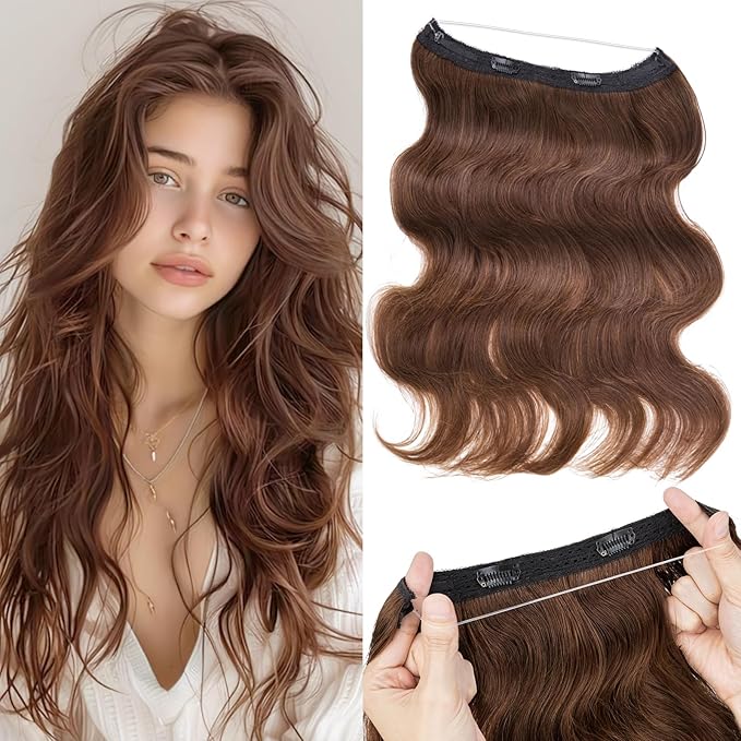 Halo Hair Extensions Real Human Hair,Halo Hair Extension 100% Human Hair,Wire Hair Extensions,Wavy 04 Medium Brown 70g/20inch