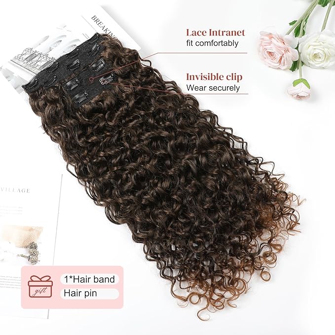 LONAI 4PC Clip in Hair Extensions, 100％ Pure Protein Silk Curly Hair Extension for Women, 26 Inch Long Soft Natural Hair Extensions-Dark Almond brown with copper