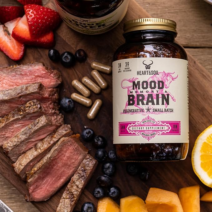 HEART & SOIL – 100% Grass Fed & Finished Beef Brain Supplement from Regenerative Cattle – for Cognitive Function & Memory – 3000mg Focus Supplement with Beef Organs – Glass Bottle – 180 Capsules