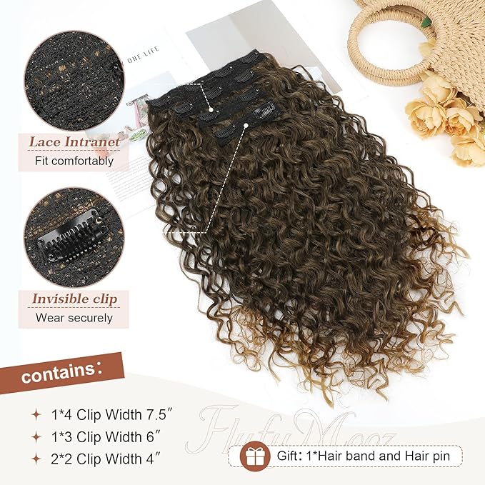 Clip in Hair Extensions, FLUFYMOOZ 4PC 100％ Pure Protein Silk Hair Extensions Long Soft Natural Hairpiece 16 Inch Curly Hair Extension for Women (Brown to Dirty Blonde)
