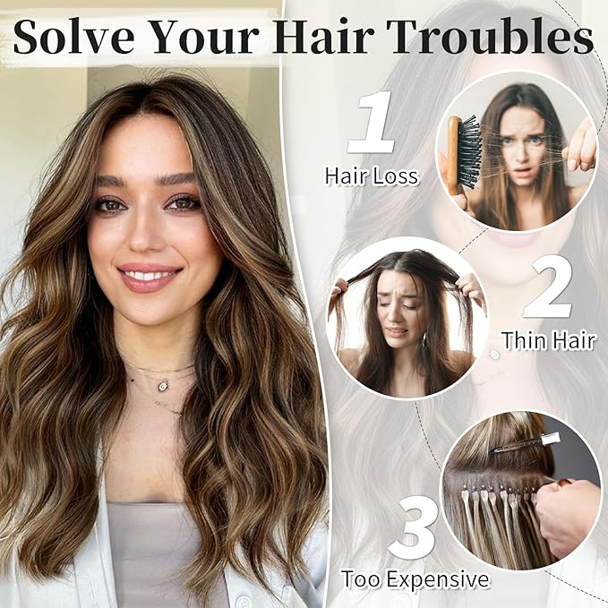 KooKaStyle Invisible Wire Hair Extensions with Transparent Wire Headband Adjustable Size 4 Secure Clips H2/426#Balayage Dark Brown with Chestnut Long Wavy Hairpiece 16 Inch for Women