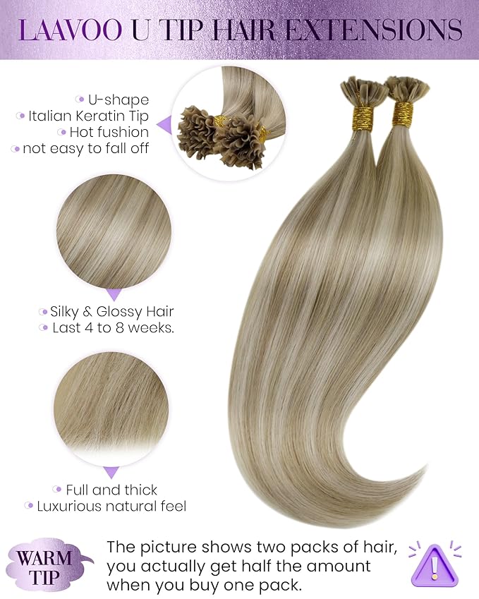 LaaVoo U Tip Hair Extensions Human Hair Golden Blonde Highlights Light Blonde K Tip Hair Extension Real Human Hair Long Straight Hai 24in 50g 50s