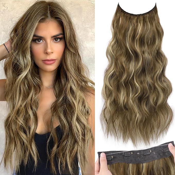 KooKaStyle Invisible Wire Hair Extensions with Transparent Headband Adjustable Size 4 Secure Clips Long Wavy Secret Wire Hairpiece 24 Inch for Women(Medium Brown with Blonde)626D#