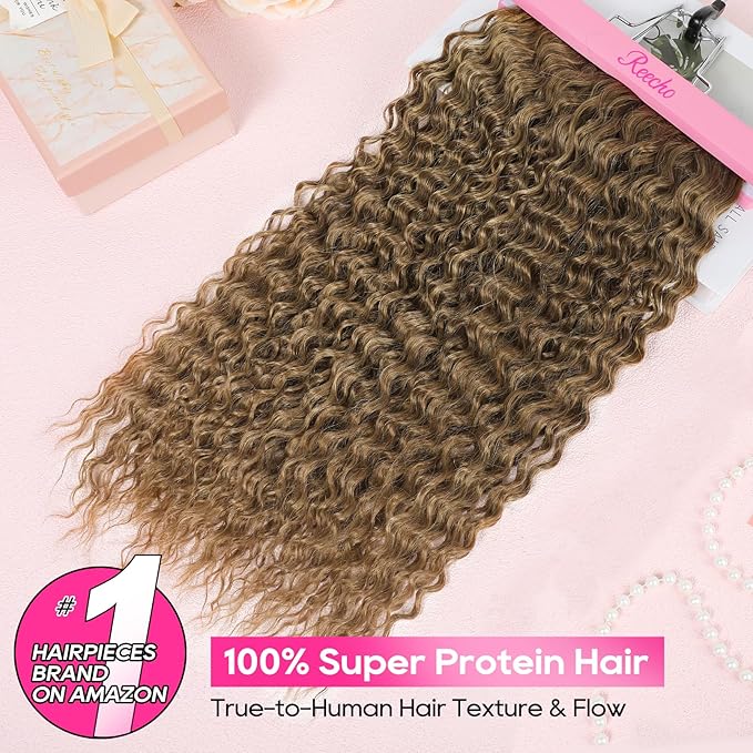 REECHO Hair Extensions - 4PCS 20" Water Wave Clip in Hair Extensions 100% Super Protein Silky Soft Natural Look with Invisible Lace Weft Hairpieces for Women - Golden Walnut