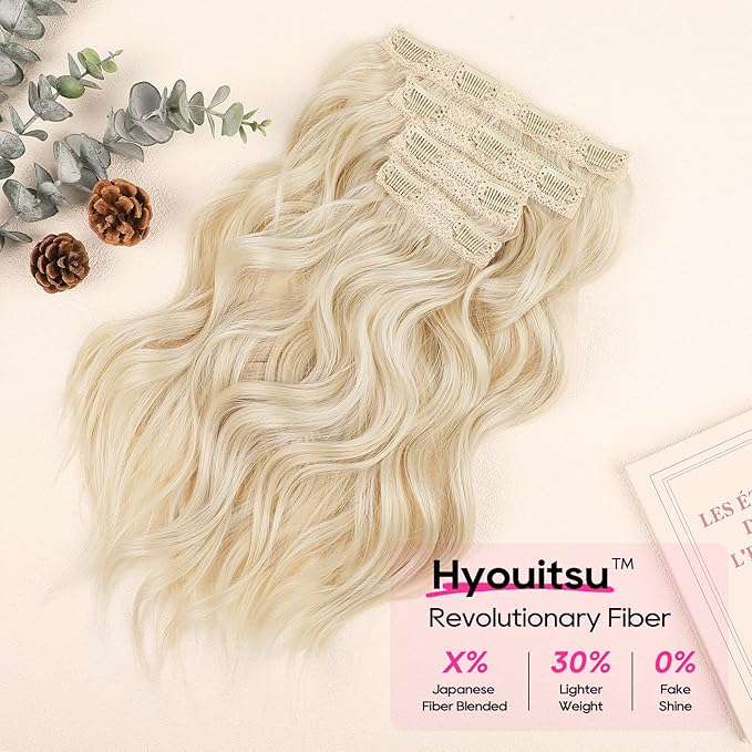 REECHO Hair Extensions, 4PCS Clip in Hair Extensions 14" Short Beach Wavy Invisible Lace Weft Natural Soft Hairpieces for Women – Natural Blonde