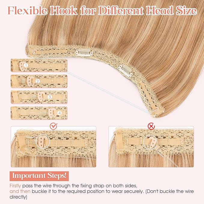 Hairro Wire Hair Extensions Human Hair, Fish Line Invisible Adjustable & Clips in Extensions Straight, 100% Real Hairpieces Seamless Blending for Women, 18 Inch 80g Golden Brown Mix Bleach Blonde
