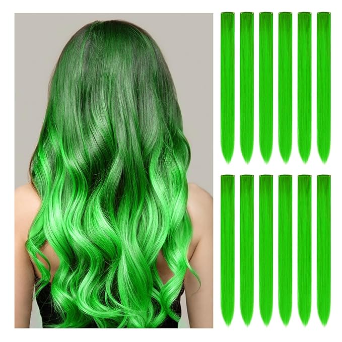 12 PCS Green Hair Extensions Clip in, 22" Colored Hair Extensions, Highlights Colorful Hair Piece DIY Hair Accessories on Daily Party