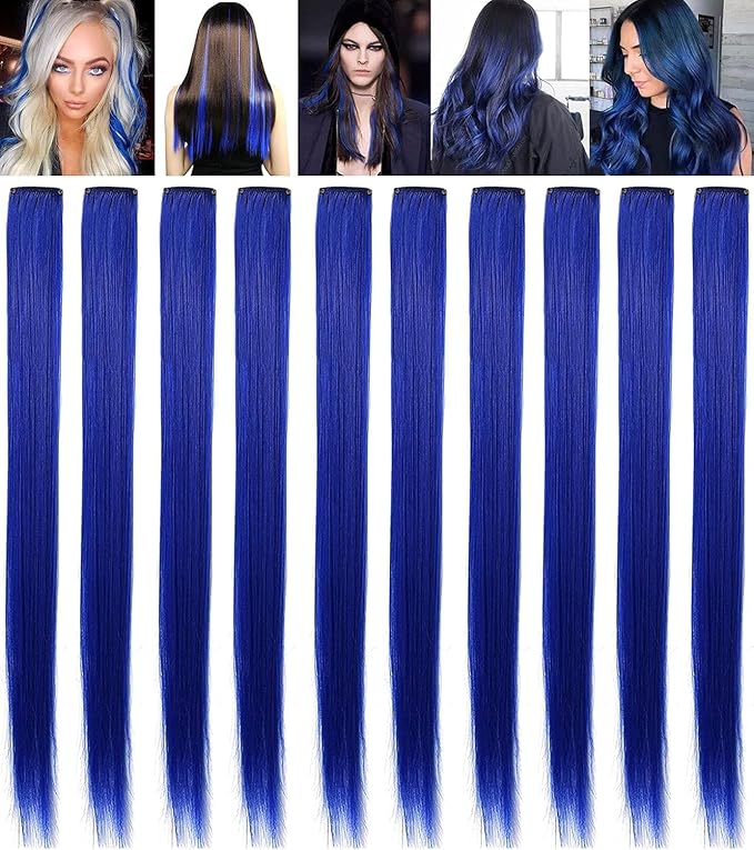 10 PCS 20 inch Colorful Party Highlights Clip in Blue Hair Extensions Multicolors Straight Synthetic Hairpieces for Women Kids Girls Wig Pieces (Blue)