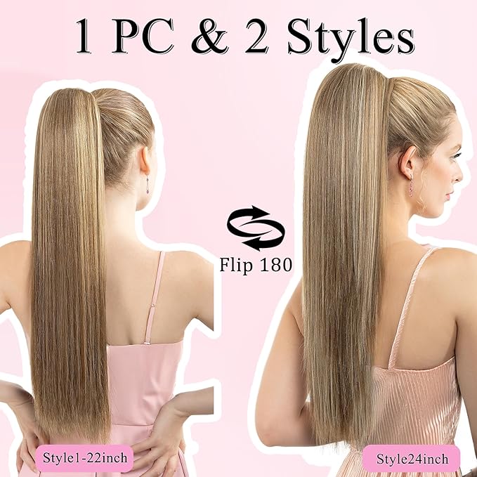Ponytail Extension, 24" Long Straight Claw Clip Ponytail Extension clip on ponytails hair clip Hair claw clip Fake Ponytail Hairpieces for Women - Golden Brown with Blonde HL