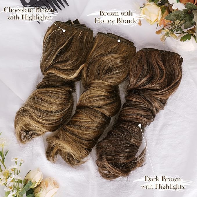 BARSDAR Short Wavy Clip in Hair Extensions - 12 Inch Highlight Extensions for Women - 6PCs Thick Soft Synthetic Hairpieces Daily - Dark Brown With Highlights