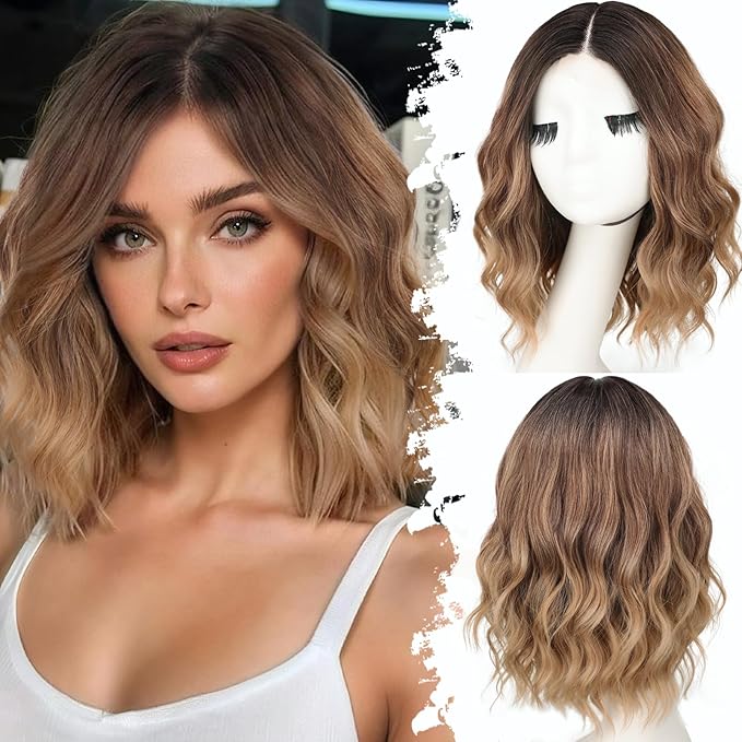 Ombre Honey Blonde Short Wavy Wig for Women Lace Hairline Bob Style Synthetic Heat Resistant - Natural Appearance for Everyday Hairstyle 14 Inch