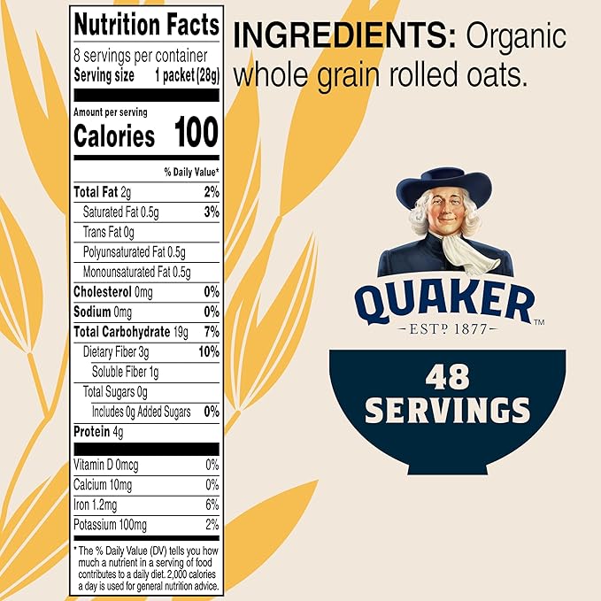 Quaker Instant Oatmeal, USDA Organic, Non-GMO Project Verified, Original, Individual Packets, 8 Count (Pack of 6)