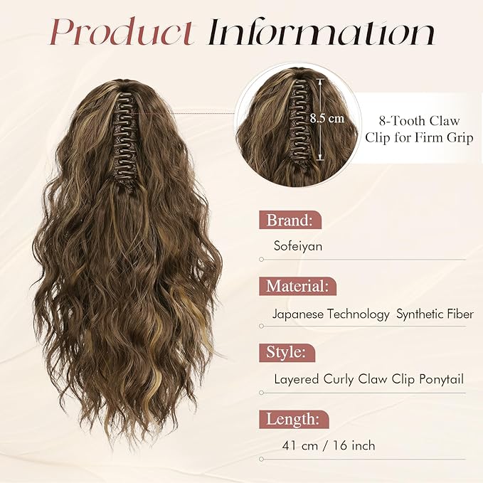 SOFEIYAN Ponytail Extension, 16 inch Claw Clip Ponytail Extension Wavy Curly Ponytails Synthetic Pony Tails Hair Extensions Natural Fake Hairpiece for Women - Honey Blonde Mixed Light Brown