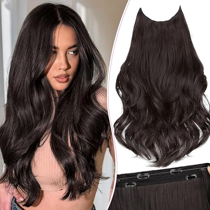 Invisible Wire Hair Extensions Layered Long Wavy Dark Brown Hairpiece for Women Transparent Wire Adjustable Size 6 Secure Clips Invisible Headband Hair Extension 20 Inch