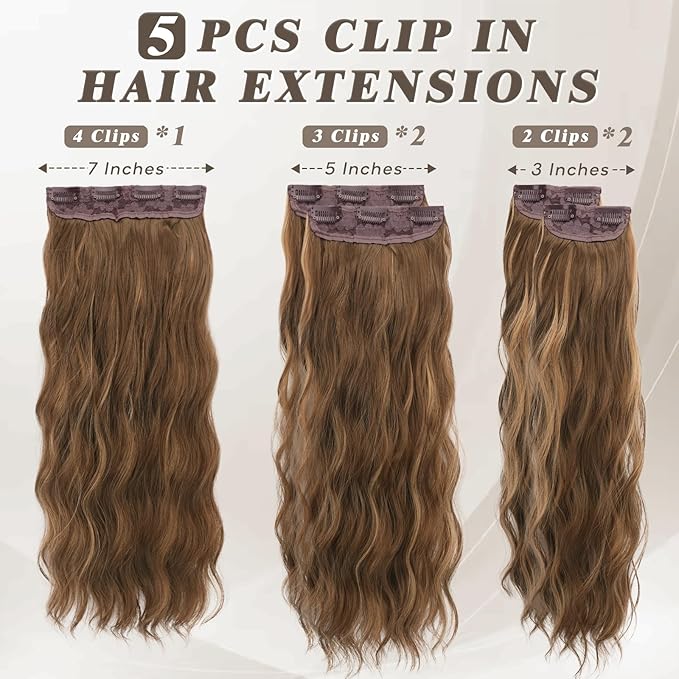 BARSDAR Wavy Clip in Hair Extensions - 20 Inch Highlight Clip in Hair Extensions for Women - 5PCs Thick Soft Synthetic Hairpieces Daily Party Halloween - Brown & Caramel Blonde