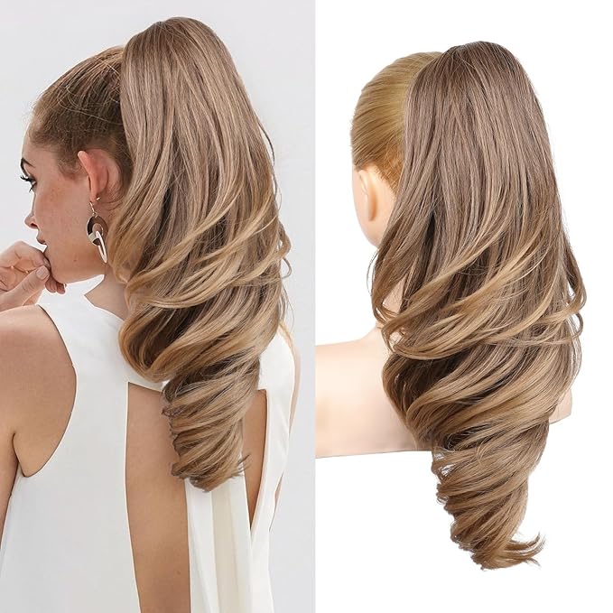 SEIKEA Ponytail Extension, 18" Wavy Claw Clip in Hair Extensions for Women, Lightweight Fluffy Synthetic Ponytail Hairpiece, Natura Soft & Easy to Wear, for Short & Medium Hair Brown to Blonde