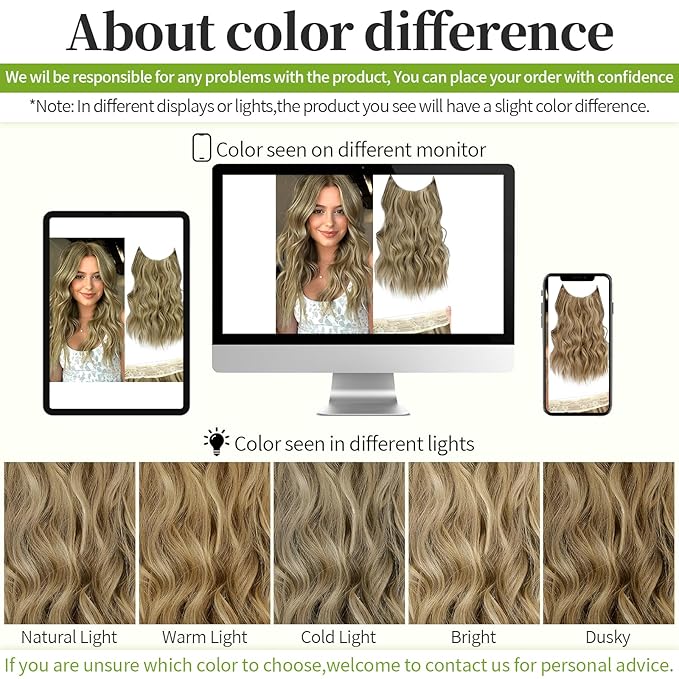 KooKaStyle Invisible Wire Hair Extensions with Transparent Headband Adjustable Size 4 Secure Clips Long Wavy Secret Wire Hairpiece for Women(16 Inch Light Brown mix Golden Blonde)