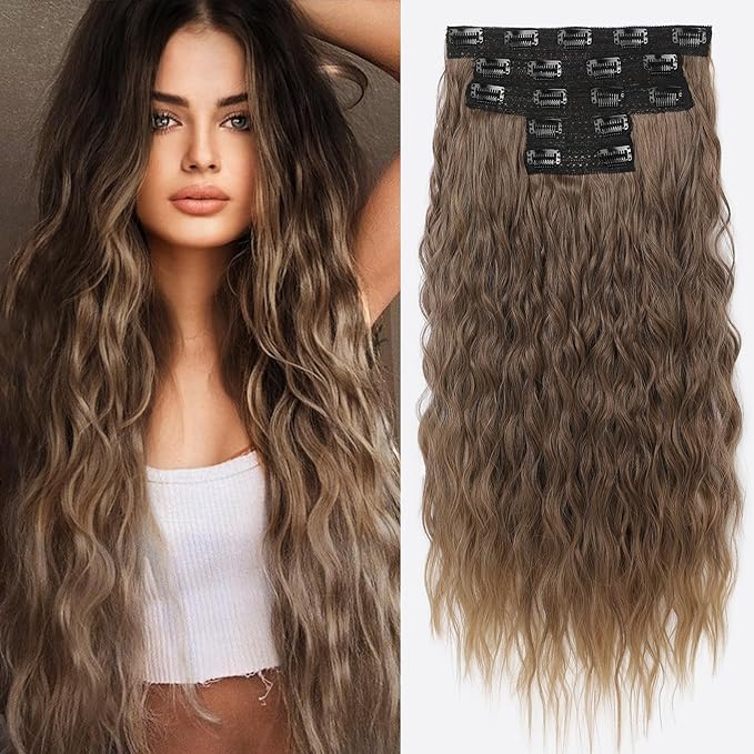 REECHO Clip in Hair Extensions, 5PCS Ash Blonde Hair Extensions 24" Thick Long Loose Waves hair extensions HE002 Invisible Lace Weft – Dark Ash Blonde with Golden Ends