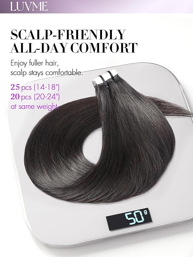 LUVME Invisible Tape in Hair Extensions Human Hair 20 Inch 50g 20pcs Natural Black Straight Double Sided Seamless Tape Extensions