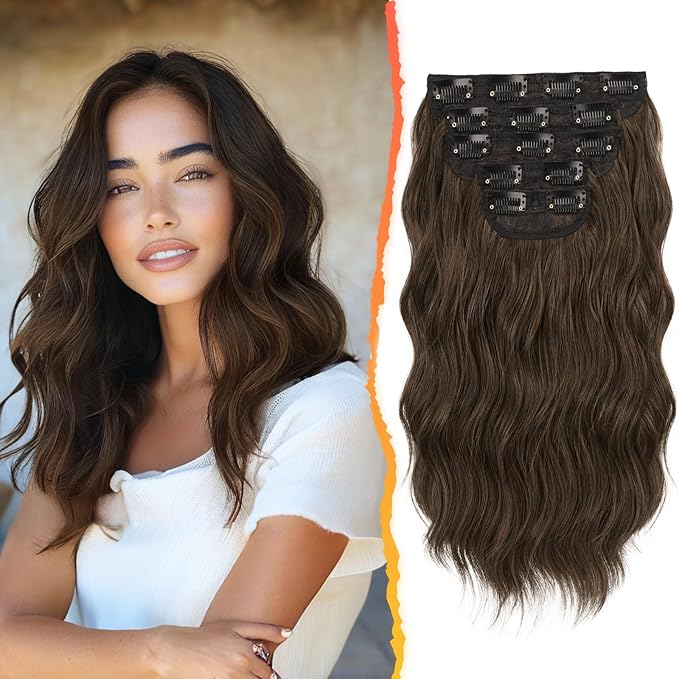 BARSDAR Short Wavy Clip in Hair Extensions - 14 Inch Brown Hair Extensions Clip in for Women - 5PCs Thick Soft Synthetic Loose Wavy Clip in Extensions Hairpieces – Brown
