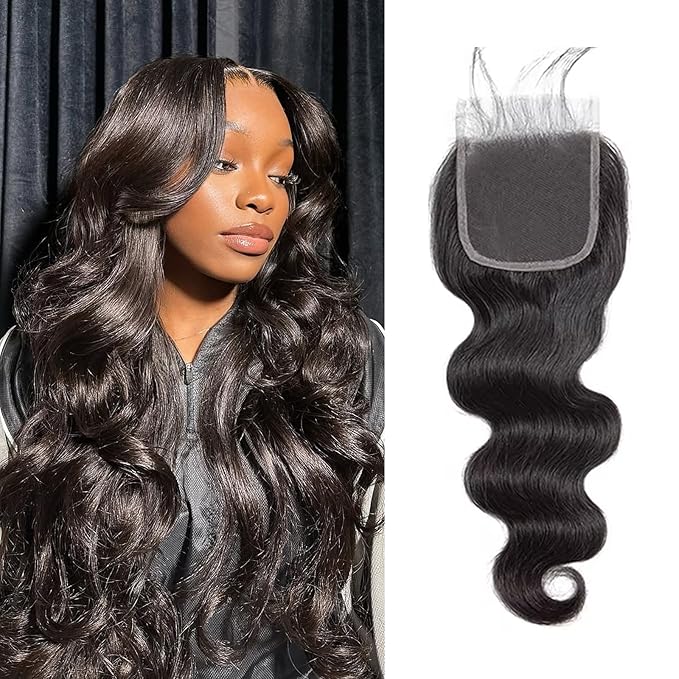 4x4 Lace Closure Human Hair Body Wave Transparent Lace Closure Free Part 100% Unprocessed Brazilian Human Hair Closure 150% Density Pre Plucked With Baby Hair Natural Black Color 12 Inch