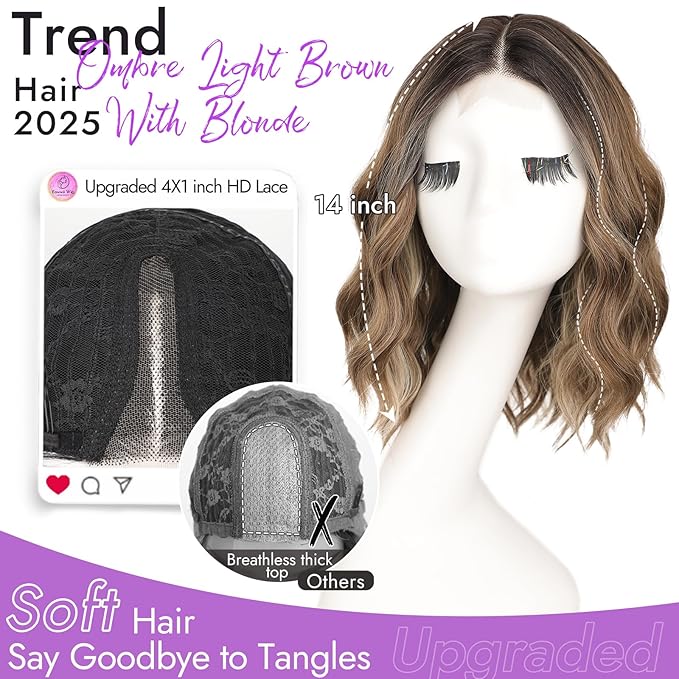 Ombre Light Brown With Blonde Short Wavy Wig for Women Lace Hairline Bob Style Synthetic Heat Resistant - Natural Appearance for Everyday Hairstyle 14 Inch