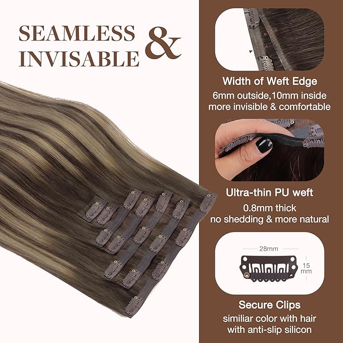 GOO GOO Clip in Hair Extensions Real Human Hair, Remy Human Hair Extensions Clip ins for Women, Natural Human Hair, 22inch 160g 7Pcs, #4/26/4 Balayage Chocolate Brown to Honey Blonde