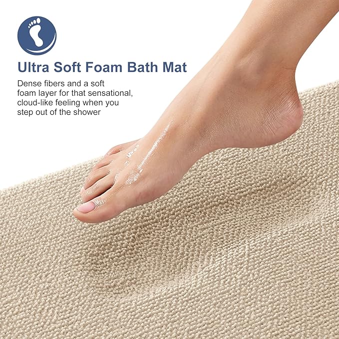 OLANLY Thick Memory Foam Bath Mat Rug 47x24, Extra Soft Absorbent Bathroom Rug, Quick Dry Bath Mats, Non-Slip, Machine Washable Carpet for Bathroom, Tub and Shower, Home Decor Accessories, Beige