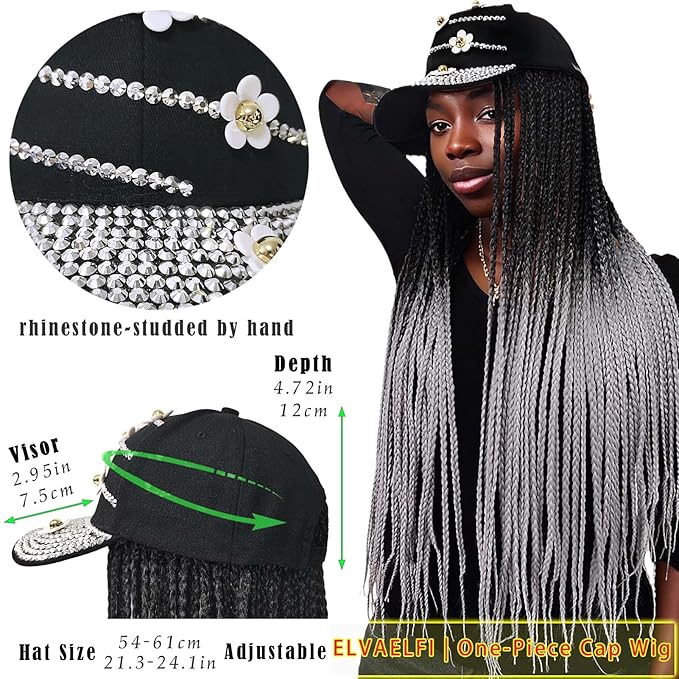 24in 3x Braided Wigs Hat Ombre Silver Gray, Ghic Bling Cap Wig for Women Girls Easy Style