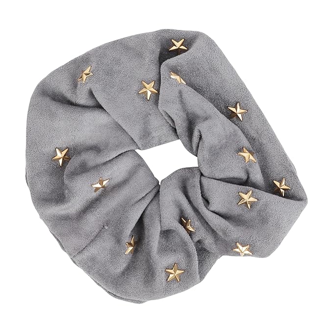 Large Suede Scrunchie with Hearts and Stars (Grey Gold Stars)