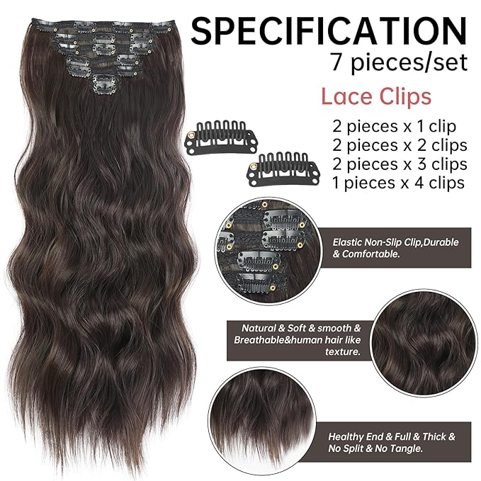 KooKaStyle Clip in Hair Extensions for Women,7PCS 16 Inch Dark Brown Hair Extensions Clip Ins Soft and Natural Hair Pieces for Women Thick Long Wavy Hair