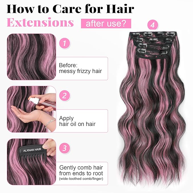 ALXNAN Clip in Long Wavy Synthetic Hair Extension 20 Inch Black Mix Pink Highlights 4PCS Thick Hairpieces Fiber Double Weft Hair for Women