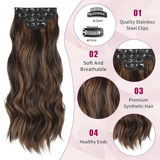 Vigorous Clip in Hair Extensions 4PCS Brown mixed Long Wavy Hair Extension 24Inch Soft Synthetic Hairpieces for Women
