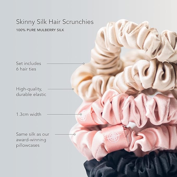 Fishers Finery 25 Momme Pure Mulberry Silk Black Scrunchies | Skinny Silk Hair Ties (Black 6 Pk)