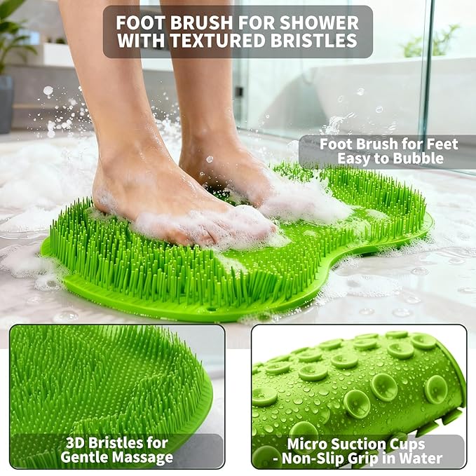 Shower Foot Scrubber Mat with 3 Types of Upgraded Brushes for Massage, Shower Back Scrubber with Micro suction cups,Non Slip Bathtub Shower Scrubber for Body at Home Spa(Sage)