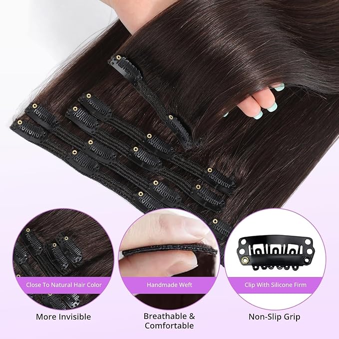 Clip in Hair Extensions Real Human Hair,100% Seamless Invisible Remy Human Hair Silky Straight, 8pcs Per Set with Double Weft,2 Dark Brown,26inch 130g/4.6oz