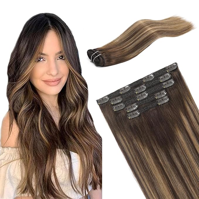 Clip in Hair Extensions Human Hair Balayage Chocolate Brown to Caramel Blonde 12 Inch 5pcs 80g Real Hair Extensions Human Hair Clip in Extensions Straight Hair Remy Extensions