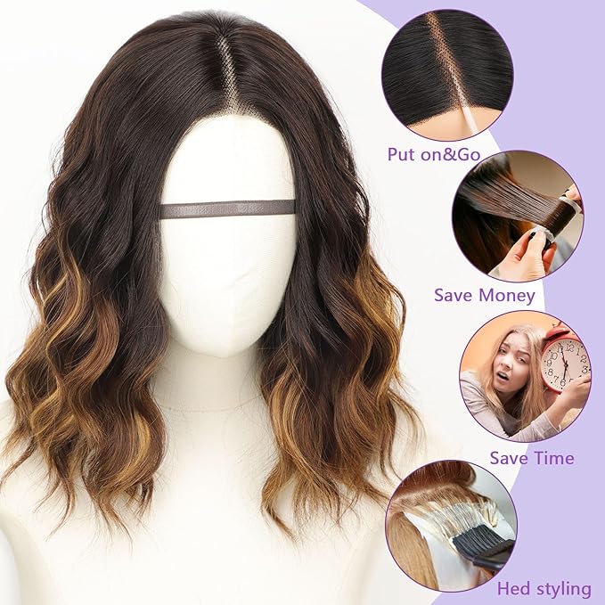 AISI HAIR 14 Inch Brown with Blonde Highlight Wigs for Women - Shoulder Length Wave Wig with Pre-Cut Lace Hairline, Middle Part Natural Wavy Bob Synthetic Heat Resistant Fiber for Daily and Party