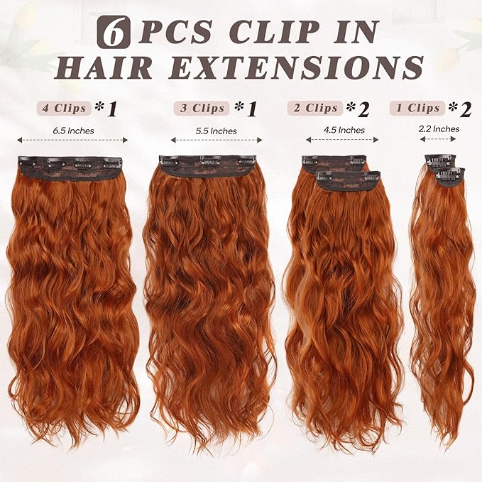 BARSDAR Copper Red Hair Extensions - 20 Inch Wavy Clip in for Women - 6PCs Full Head Thick Soft Synthetic Hairpieces for Daily Party Halloween