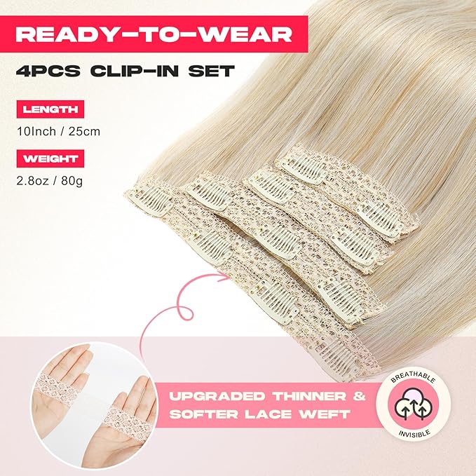 Hair Extensions, 10" Short Clip in Hair Extensions 4PCS Straight Natural Soft Synthetic Hairpiece for Women- Golden Blonde with Highlights