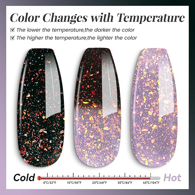 YTD Likomey Brocade Glitter Color Changing Gel Nail Polish,15ml Grayish Purple To Black Shimmer Mood Temperature Change Colors Iridescent Flakes,Fall Winter Ombre Thermal UV Gel,WB348