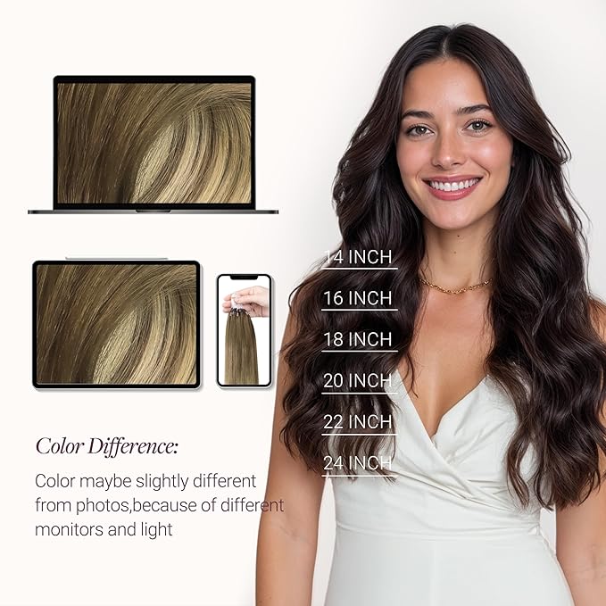 GOO GOO Micro Link Tip Hair Extensions Real Human Hair, 16inch 50g 50S, Cold Fusion Micro Link Tip, Invisible Remy Hair Extensions, 3/8/613 Walnut Brown to Ash Brown and Bleach Blonde