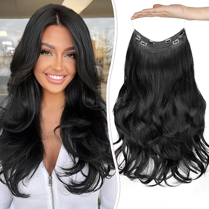 Invisible Wire Hair Extensions with Transparent Wire Adjustable Size 4 Secure Clips Long Wavy Secret Hairpiece 20 Inch for Women(Black)