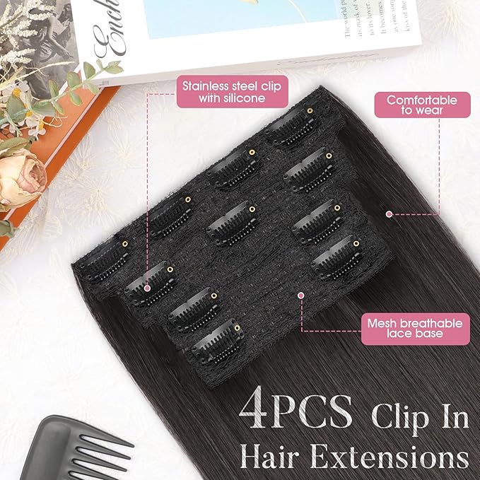 Hair Extensions,Clip in Hair Extensions Darck Brown Long Straight 4PCS Hairpieces Natural Soft Fiber Double Weft Hair for women 22 Inch