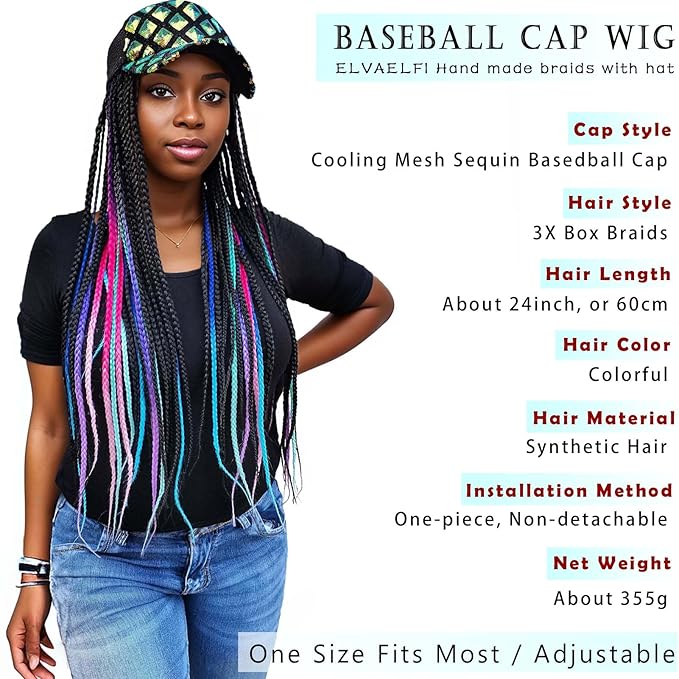 Cooling Mesh Baseball Cap Wig 24" Multi-colored Box Braid Hair Extensions, Long Braided Hair for Women Girls