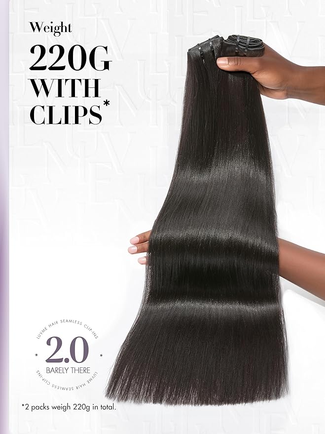 LUVME Invisible Clip in Hair Extensions, Yaki Straight Real Human Hair 18 Inch 2 Pack 220g 12pcs Clip ins Hair Extensions Natural Black for Women